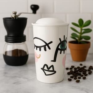 Starbucks Ceramic Travel Mug & Lid – Abstract Winking Eye Face Tumbler 12 oz